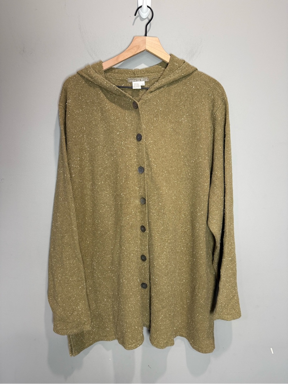 Isabella Bird 3X Silk Wool Blend Hooded Long Cardigan Olive Tweed